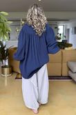 Made in Italy Santos Collared Peasant Smock Blouse Navy